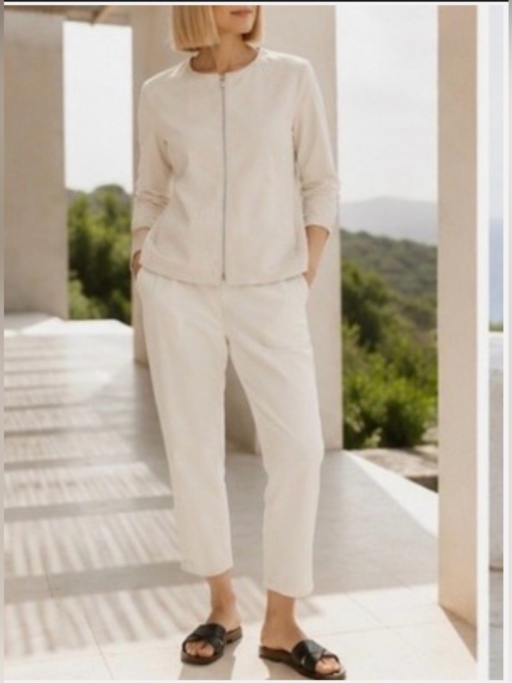 Eileen Fisher Women's Ramie/Elasterelle Beige Jacket and Panta Set